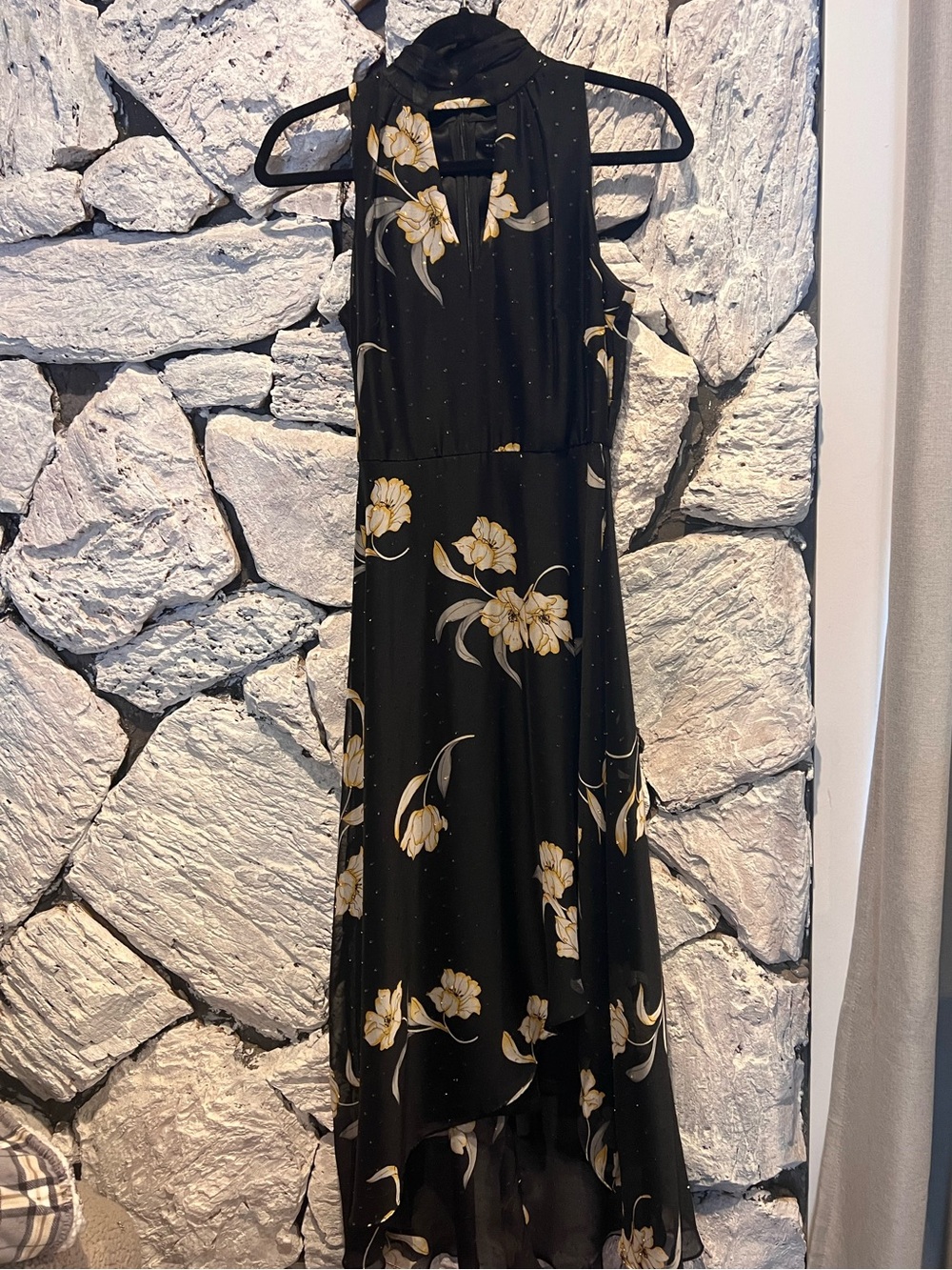 White House Black Market Black Floral High-Low Halter Dress